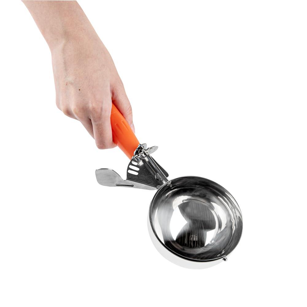 Restaurantware Met Lux 8 Ounce Portion Scoop 1 Durable Disher Scoop - Thumb Trigger Orange Stainless Steel Ice cream Disher For Portion Control For Ice Cream Mashed Potato And Cookie Batter