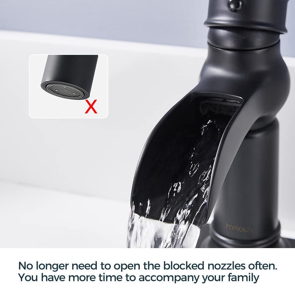 FORIOUS Black Waterfall Bathroom Faucet, Single Handle Antique Bathroom Sink Faucet with Deck Plate, Lead-Free CUPC Hose and Metal Pop-up Drain for 1 Hole or 3 Hole Farmhouse, Lavatory, Vanity