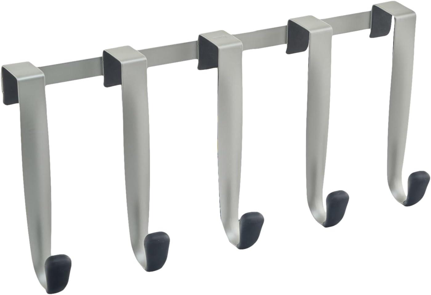 Sleek Nickel Finish Over-the-Door 5-Hook Rack with Protective Rubber