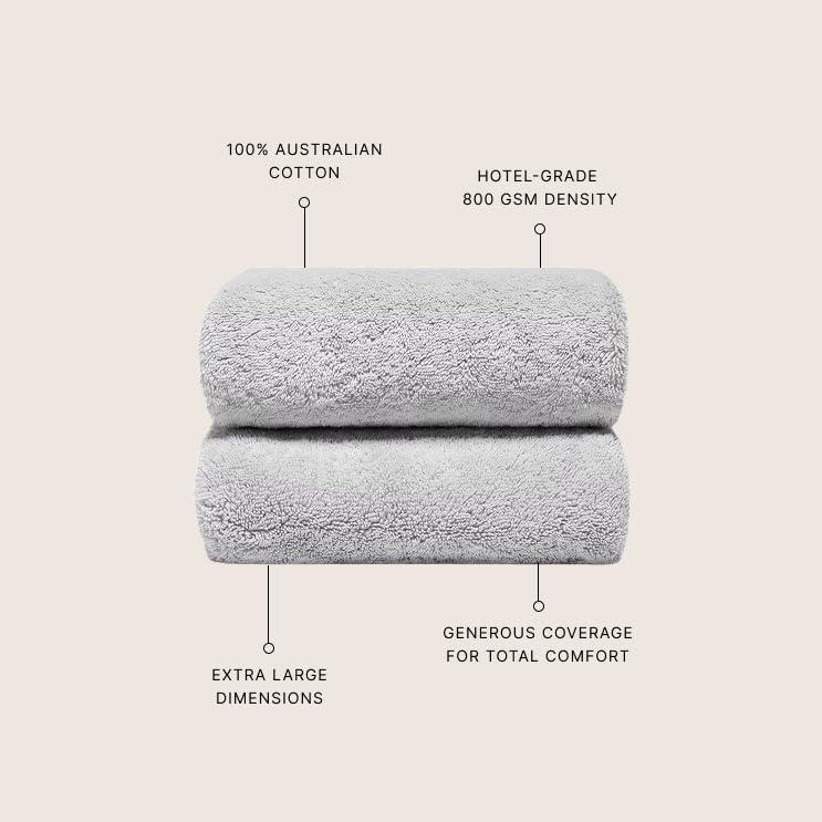 Italic Ultraplush Australian Cotton Bath Sheets - Set of 2 Luxury Extra Large Heavy Duty Bath Sheets, 800GSM Plush and Absorbent, 100% Cotton Bath Sheets for Hotels, Bath & Spa (Light Gray)