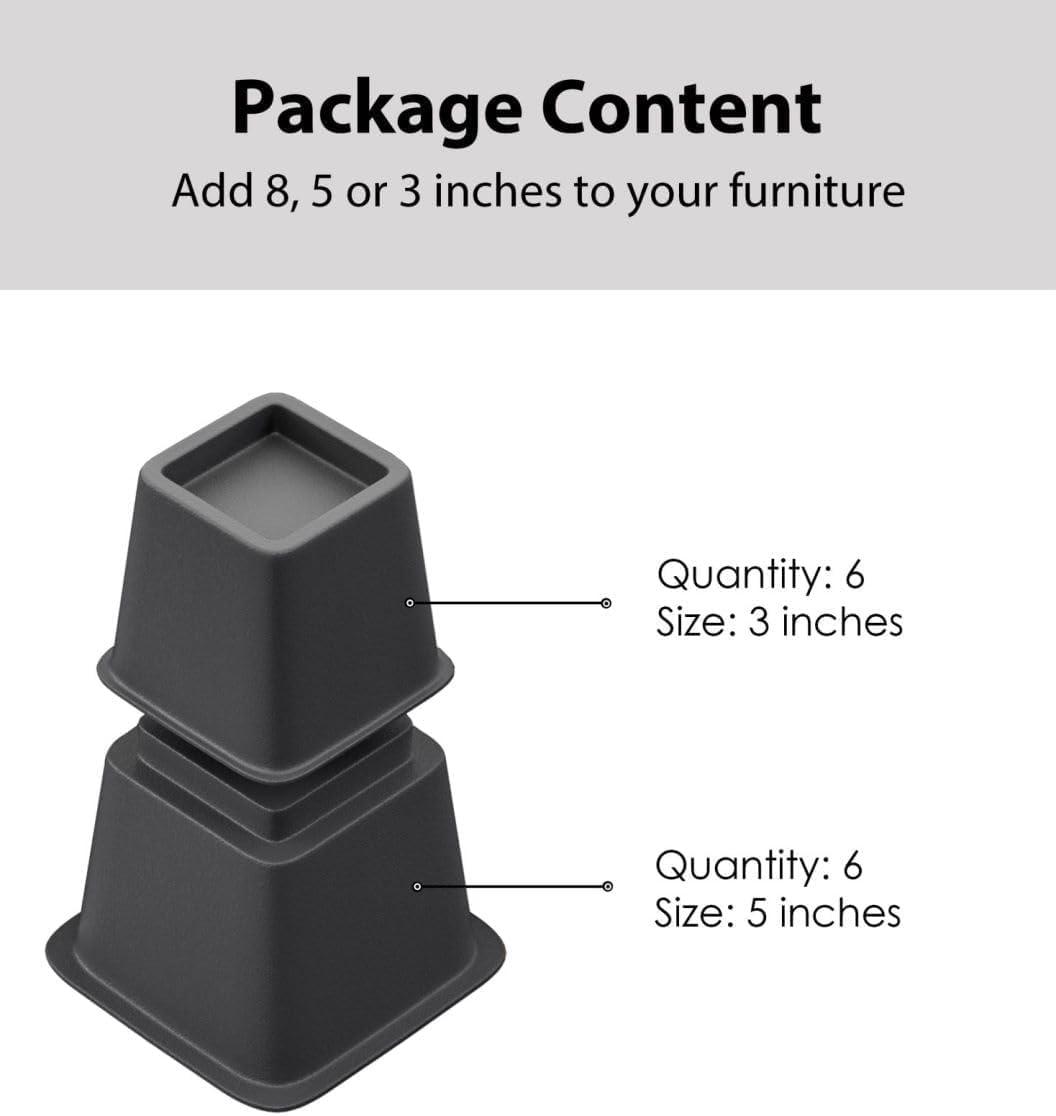 8 Pack Bed Risers, Heavy Duty Bed Furniture Risers, Adjustable Bed Elevators in Heights 3 or 5 inch, Stackable Risers for Sofa, Chair, Desk, Table Legs, Black