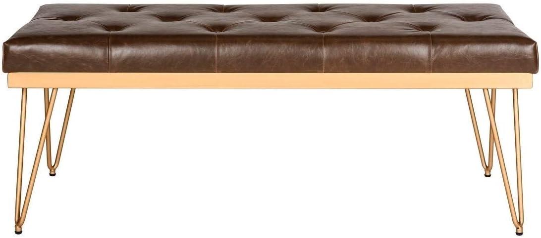 Transitional Brown and Gold PU Leather Bench with Hairpin Legs