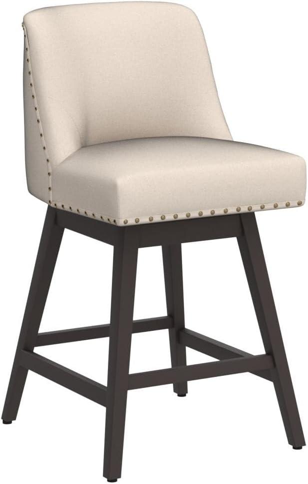 Off-White Linen Upholstered Swivel Counter Stools with Wood Legs, Set of 3