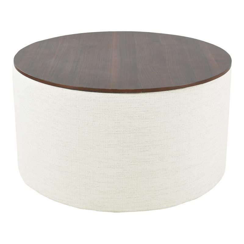 Modern Cream Woven Storage Ottoman with Dark Walnut Wood Top 31"