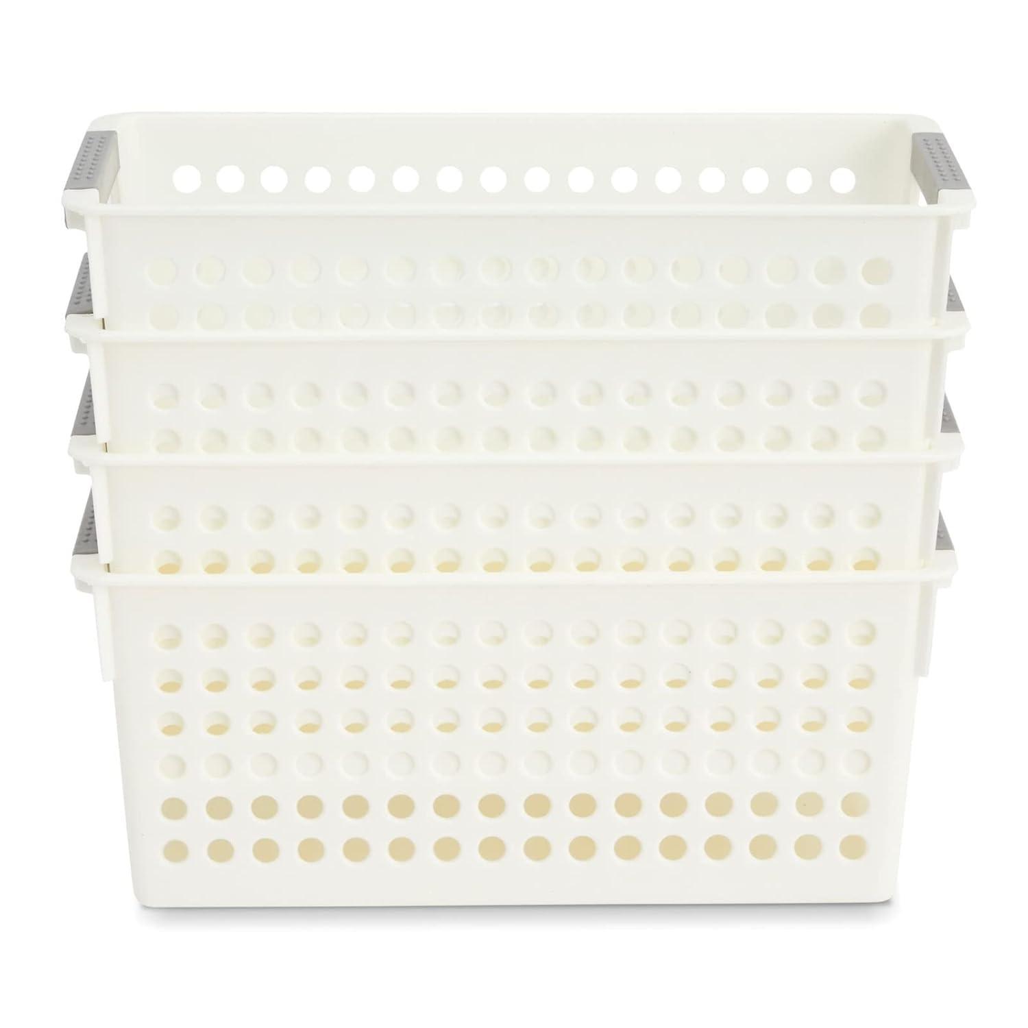 Farmlyn Creek 4 Pack Plastic Baskets for Organizing, Small Bins with Handles for Kitchen, Bathroom, Laundry, Shelf (White, 5 Inches)