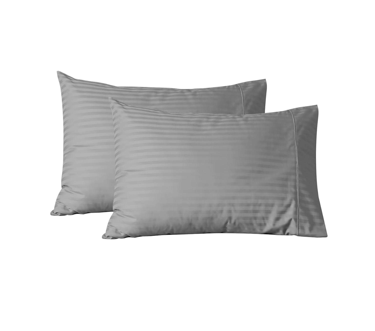 Feather & Stitch Pillow Covers Set of 2, Envelope Closure King Size Pillowcases, Soft Luxury 500 TC Damask Stripe Sateen Weave Pillow Case, 20x40 Inches - Grey