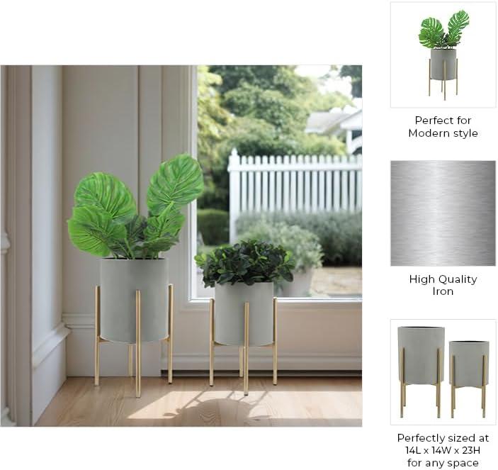 Sagebrook Home Set Of 2 Planter On Metal Stand, Putty/Gold, Round, Iron, Contemporary, 23"H, Solid Color