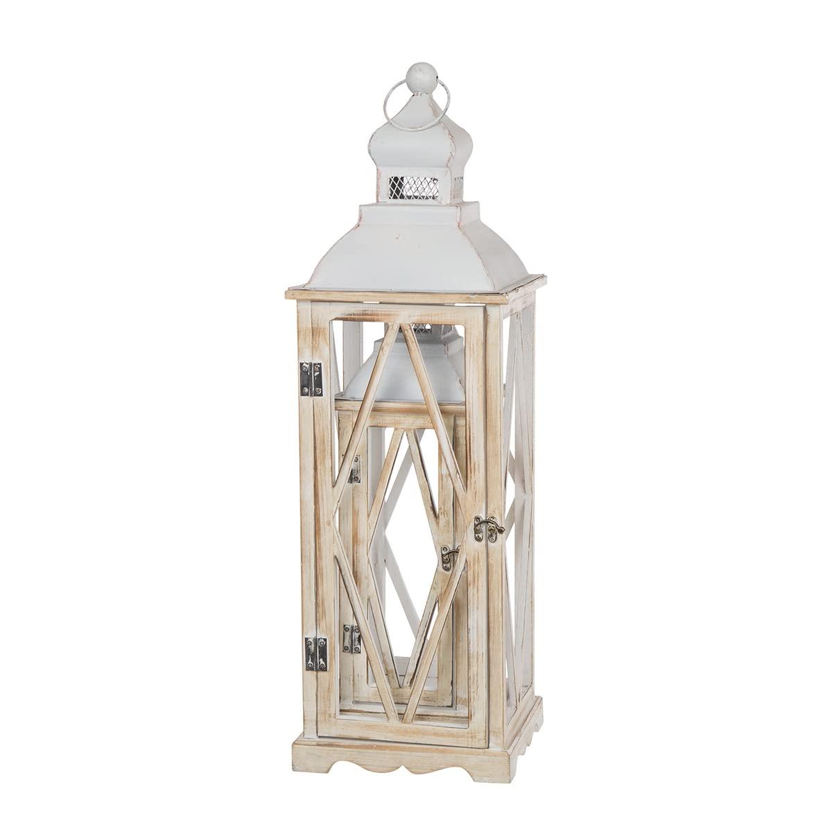 Farmhouse Wood Metal Lanterns Decorative Hanging Candle Lanterns White Set of 2 (No Glass)