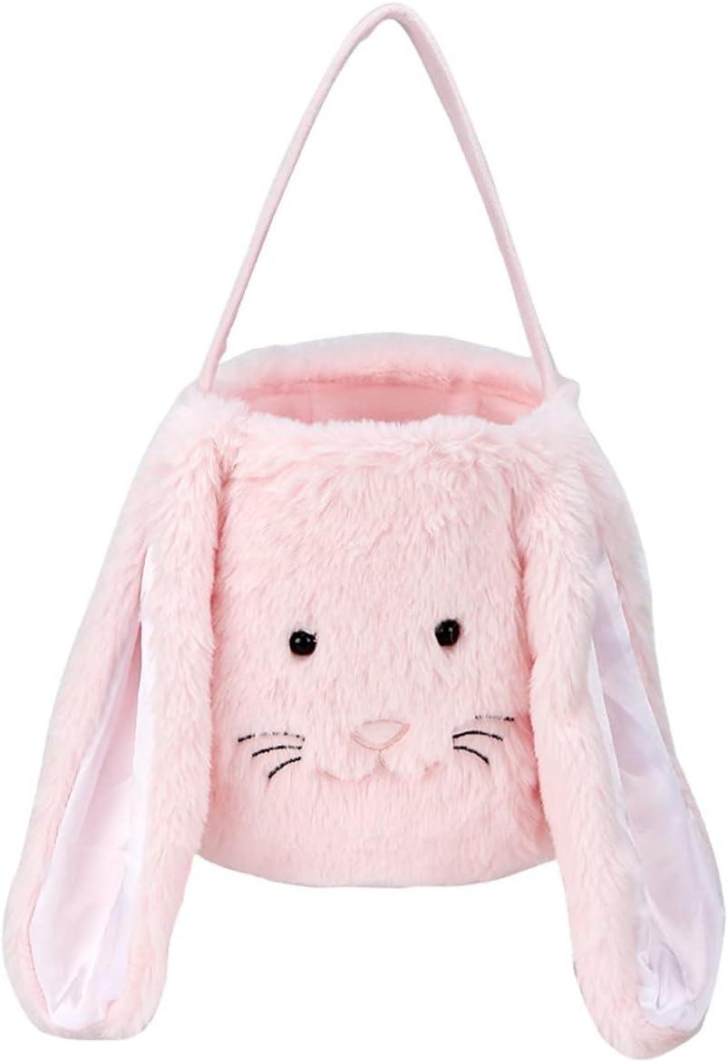 Easter Bunny Tote Bag, Cute Fuzzy Rabbit Ears Soft Plush Candy Handle Bag Eggs Basket Gift Bag for Kids Holiday Decorations