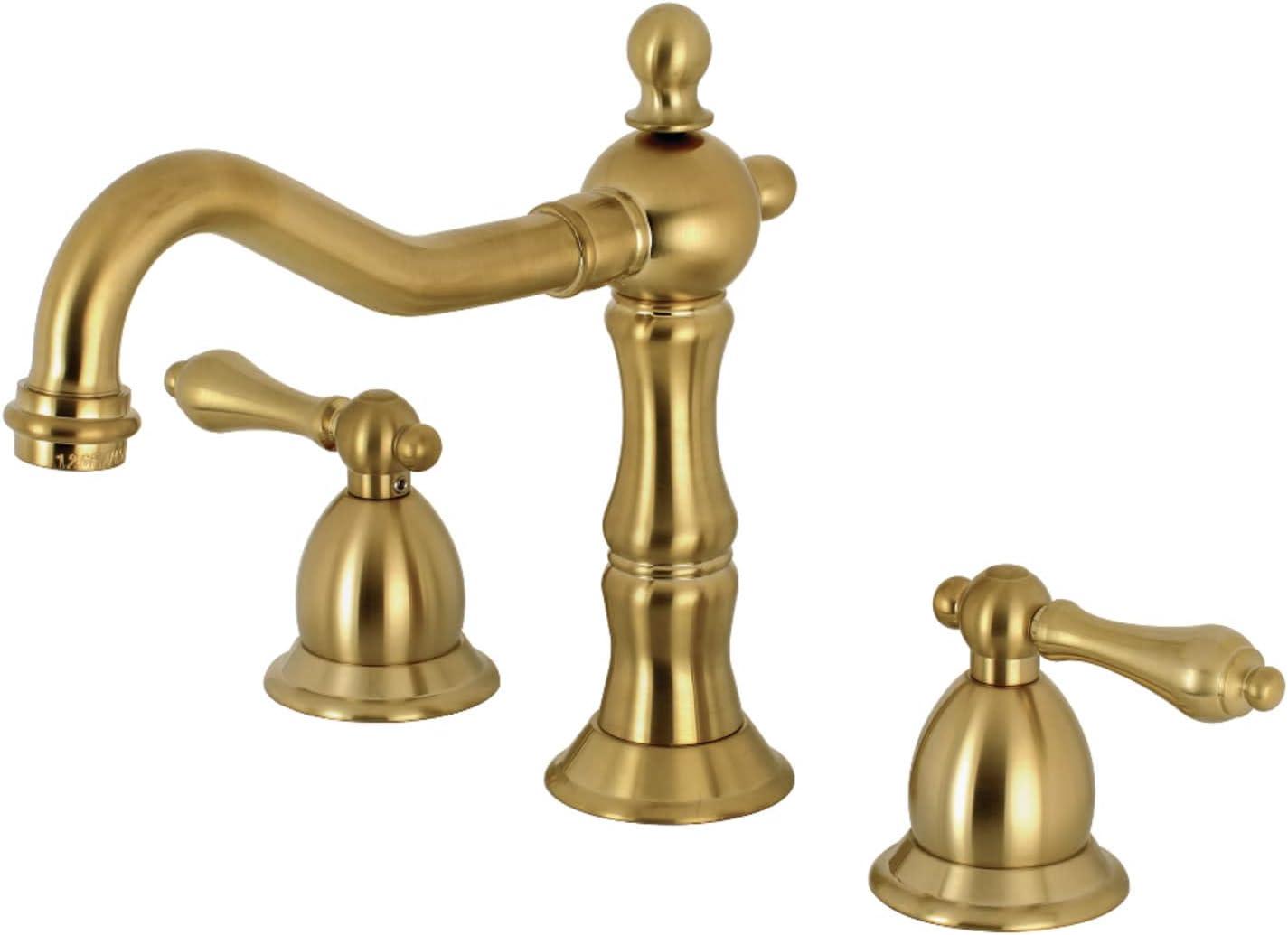 Kingston Brass Heritage Two-Handle 3-Hole Deck Mount Widespread Bathroom Faucet with Brass Pop-Up Drain