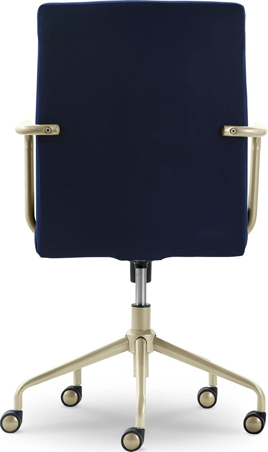 Mid-Century Modern Velvet Navy Blue Executive Swivel Chair with Gold Metal Trim