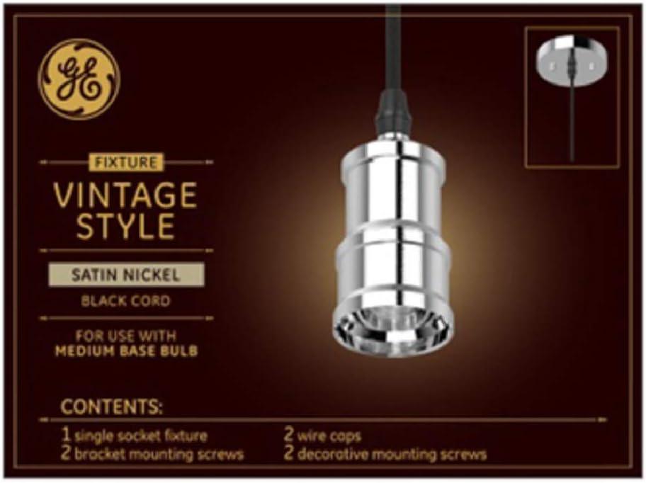 GE Vintage Style Pendant Fixture Satin Nickel: Light Socket Adapter, 5 Year Warranty, Plastic, 5.117" Height, 0.65 lbs
