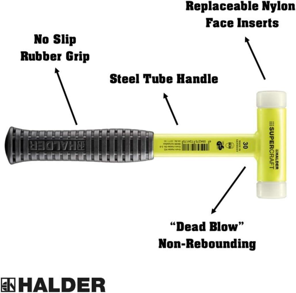 Halder Supercraft HI-VIZ Dead Blow, Non-Rebounding Hammer with Nylon Face Inserts and Steel Housing, 1.18" / 20.64 oz.