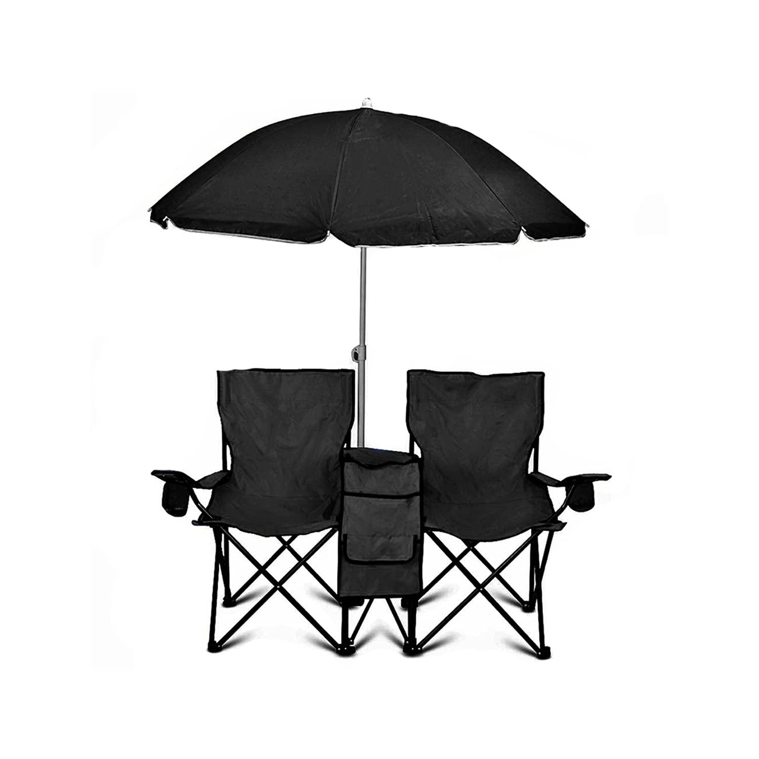 GoTeam Portable Double Folding Chair w/Removable Umbrella, Cooler Bag and Carry Case - Black