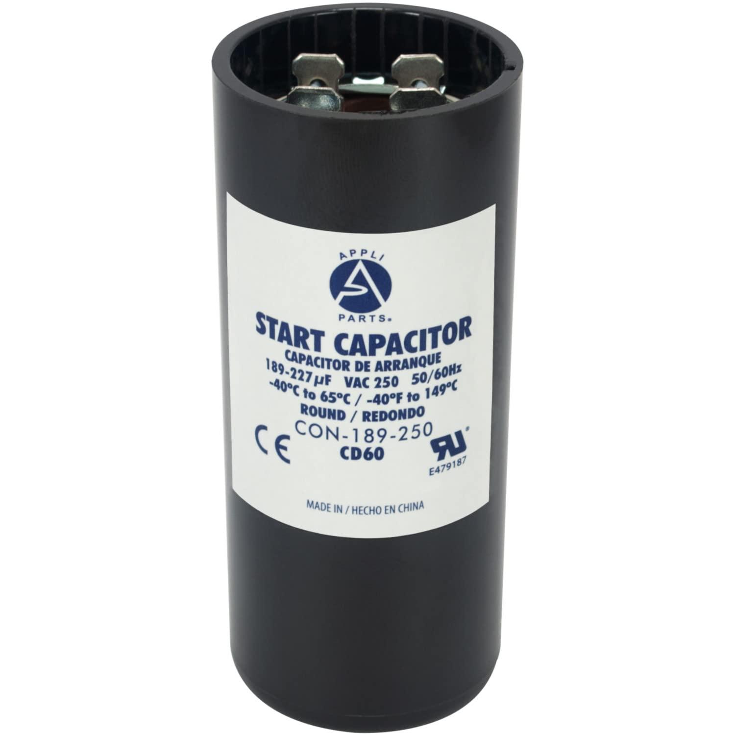 Appli Parts motor start capacitor 189-227 Mfd (microfarads) uF 250 VAC universal fit for electric motor applications 1-7/16 in Wide 3-3/8 in Height CON-189-250