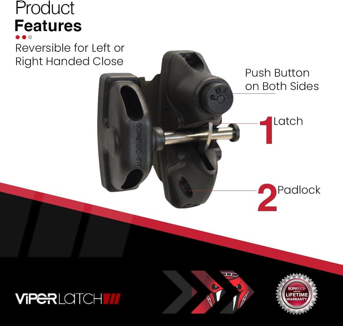Safetech Hardware ViperX5-2 Two-Sided Gate Latch | Wrap Around Design - No Post Drilling | Padlock Lockable | Left & Right Reversible | Double Gate Access w/Push Button | 2” Vinyl & Aluminum - White
