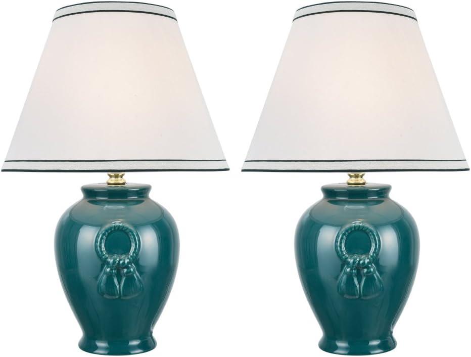 Aspen Creative 40069-2, Two Pack Set, 17" High, Traditional Ceramic Table Lamp, Green with Hardback Empire Shaped Lamp Shade in Off-White, 11 1/2" Wide