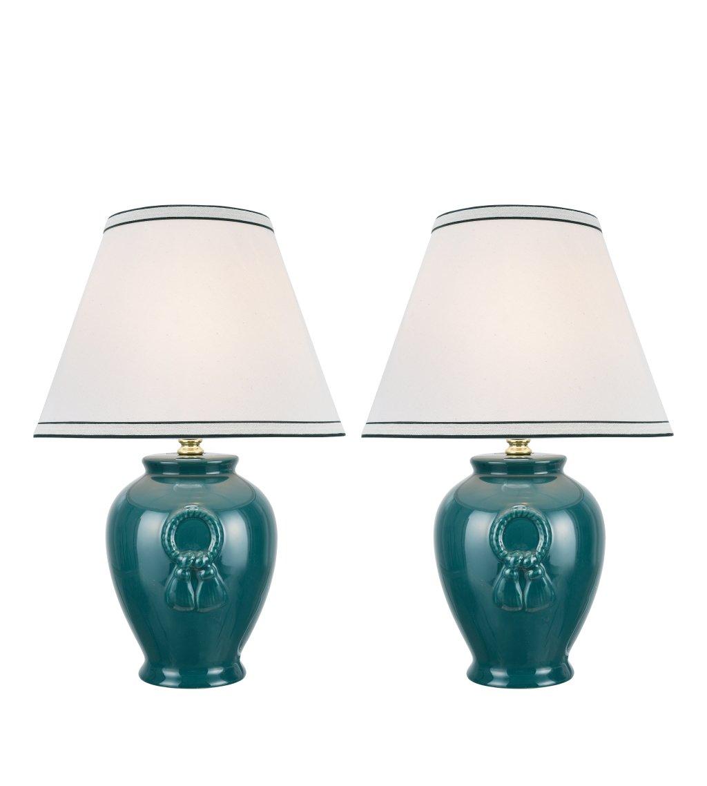 Aspen Creative 40069-2, Two Pack Set, 17" High, Traditional Ceramic Table Lamp, Green with Hardback Empire Shaped Lamp Shade in Off-White, 11 1/2" Wide