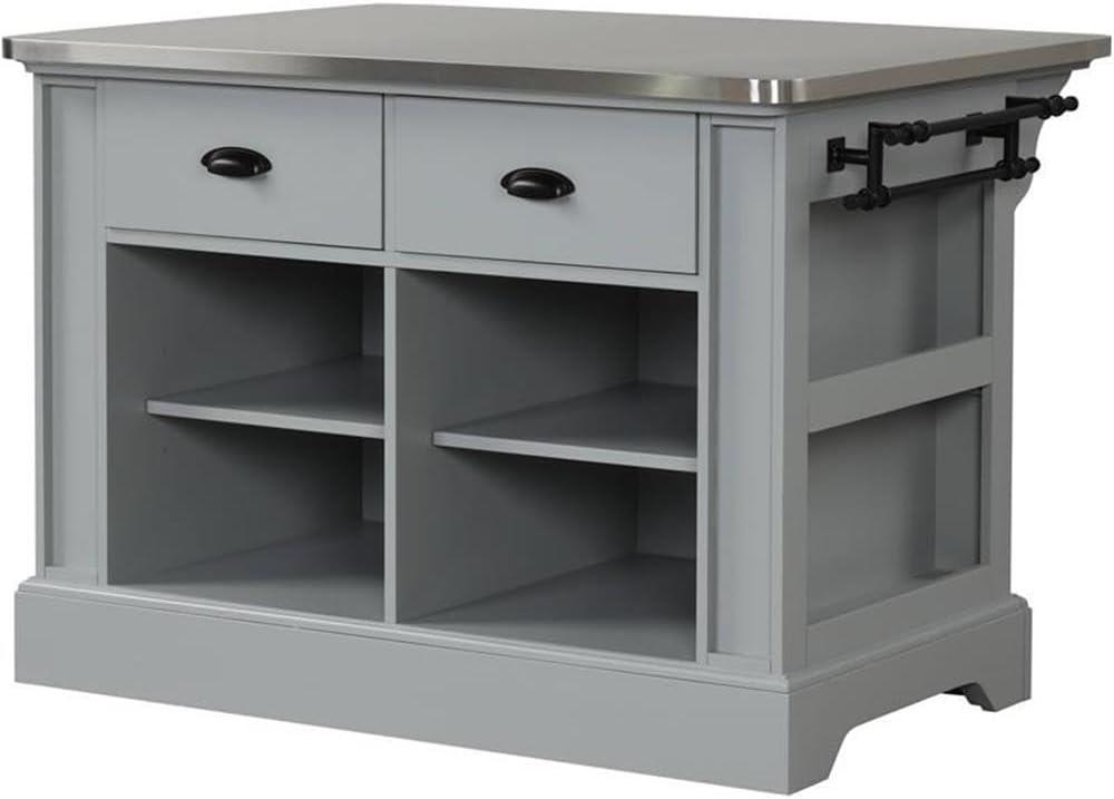 Gray Pine and Stainless Steel Kitchen Island with Storage