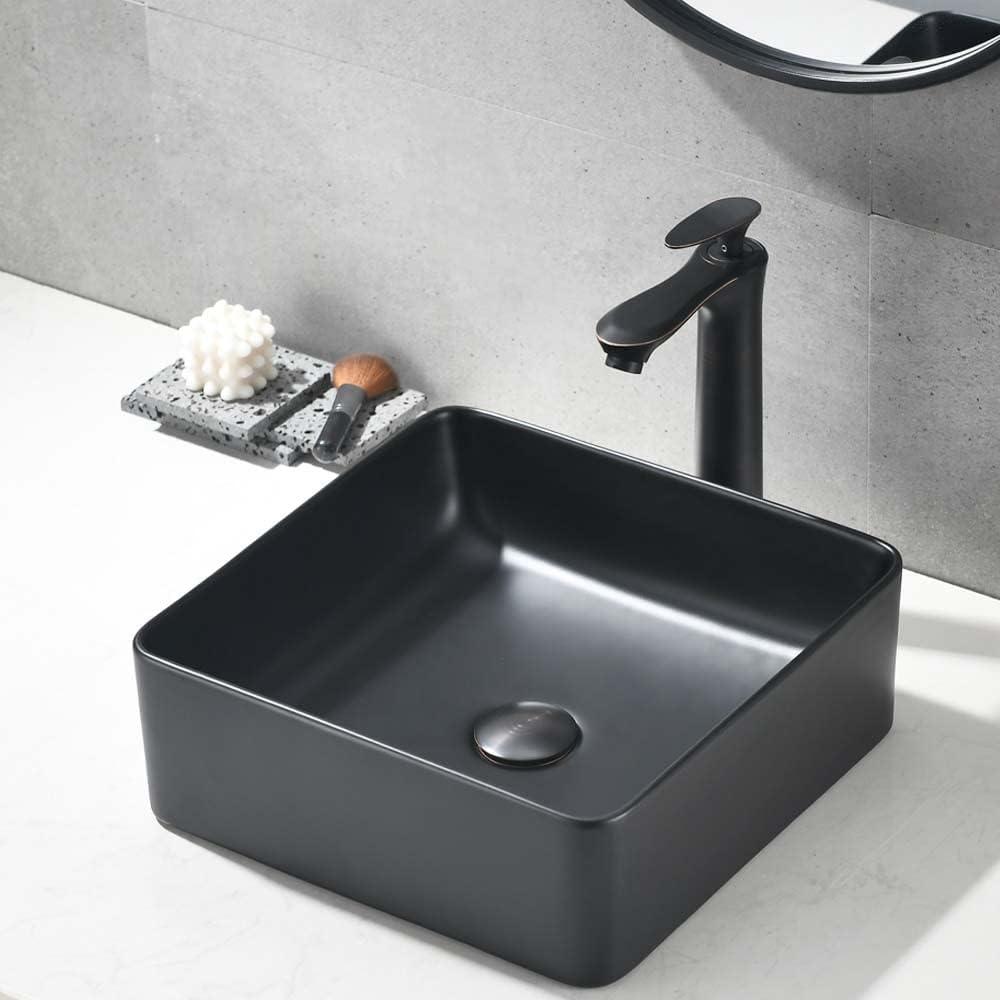 Matte Black Square Ceramic Above-Counter Vessel Sink with Pop-Up Drain