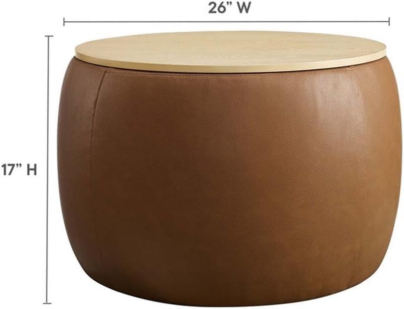 Modway Perla Round Vegan Leather Storage Ottoman in Tan