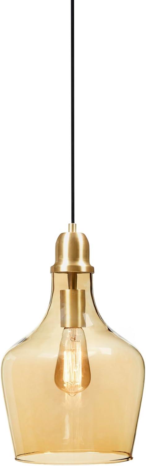 Hampton Hill Auburn Pendant Kitchen Lighting for Dining Room, Industrial Kitchen Lights, Hand-Blown Glass Bell Shaped Pendant Light for Kitchen Island, Foyer, Bedroom, 9" Dia x 95.5" H, Gold/Amber