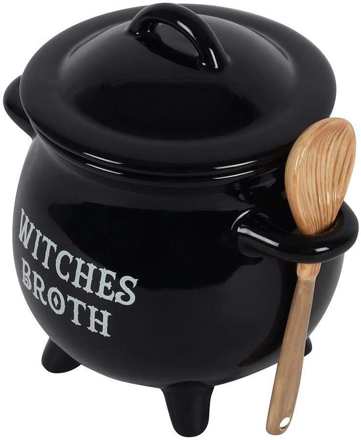 Pacific Giftware Witches Broth Cauldron Ceramic Bowl with Broom Spoon