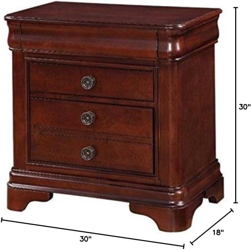 Traditional Cherry 3-Drawer Solid Wood Nightstand with Antique Brass Knobs