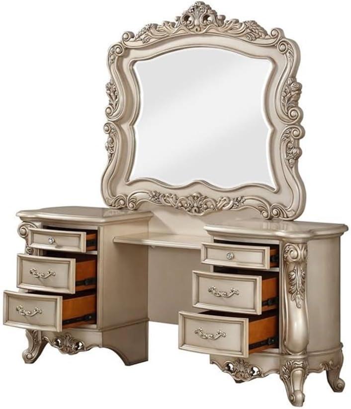 ACME Gorsedd 6-Drawer Wooden Vanity Desk and Mirror in Golden Ivory