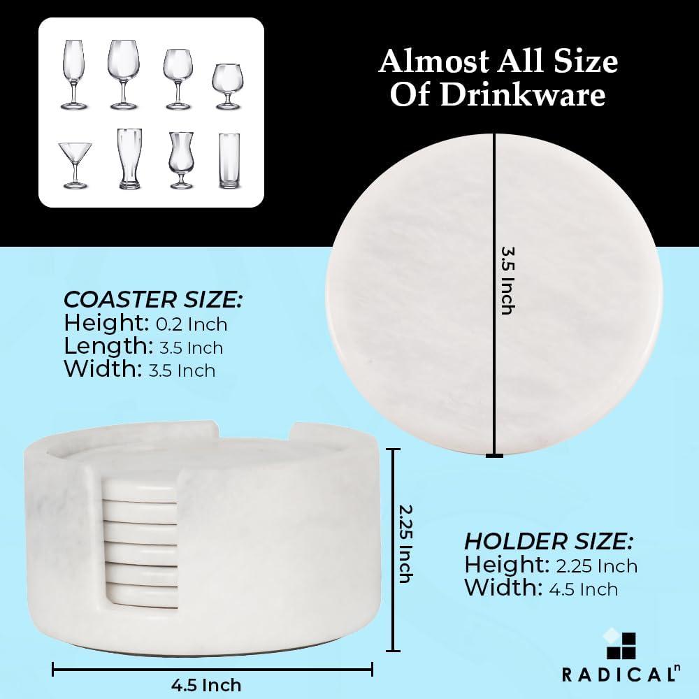 Radicaln White Marble Drink Coasters with Holder – 3.5" Round Handmade Coasters Set of 6 for Kitchen Table, Coffee Table, Bar, Home and Office Décor