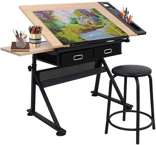 Drafting Table Drawing Desk Art&Craft Work Station Height Adjustable Tilting Tabletop Craft Table Desk w/Stool and 2 Storage Drawers for Home Office Study Room, Natural