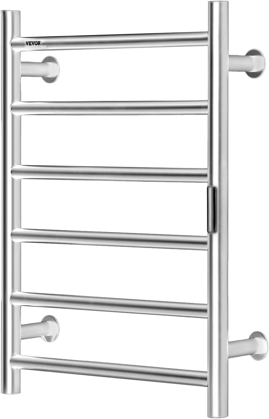 VEVOR 6 Bars Towel Warmer Rack, Wall Mounted Heated Towel Rack for Bathroom, IPX5 Waterpoof Towel Heater Rack with Timer & Display Screen, Silver