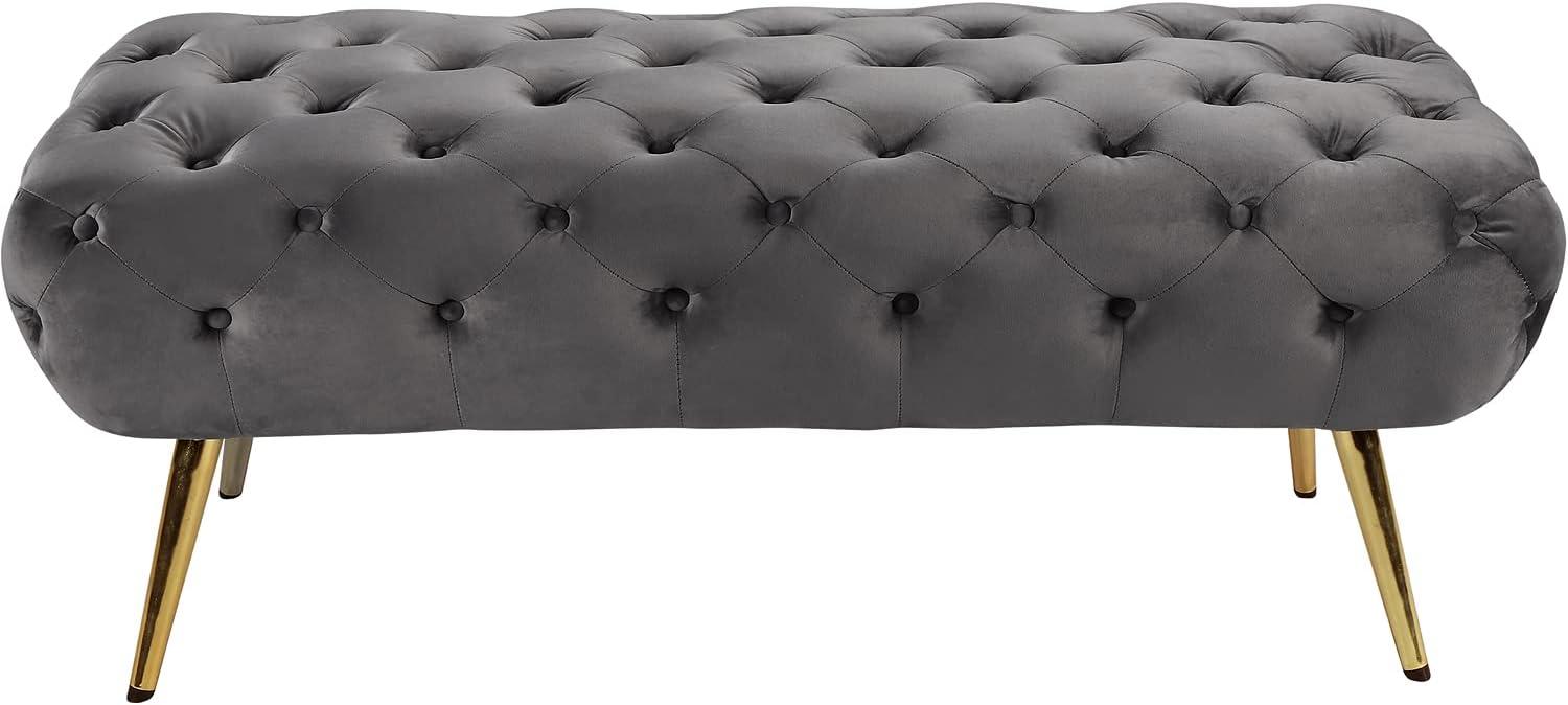 Meridian Furniture Amara Collection Modern | Contemporary Grey Velvet Upholstered Bench with Deep Button Tufting, Stainless Steel Legs with Gold Finish, 48" W x 20.5" D x 19" H,