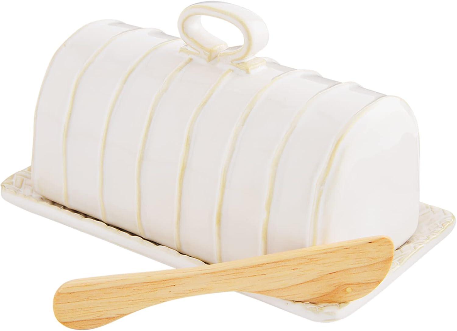 White Textured Stoneware Butter Dish Set with Wood Spreader