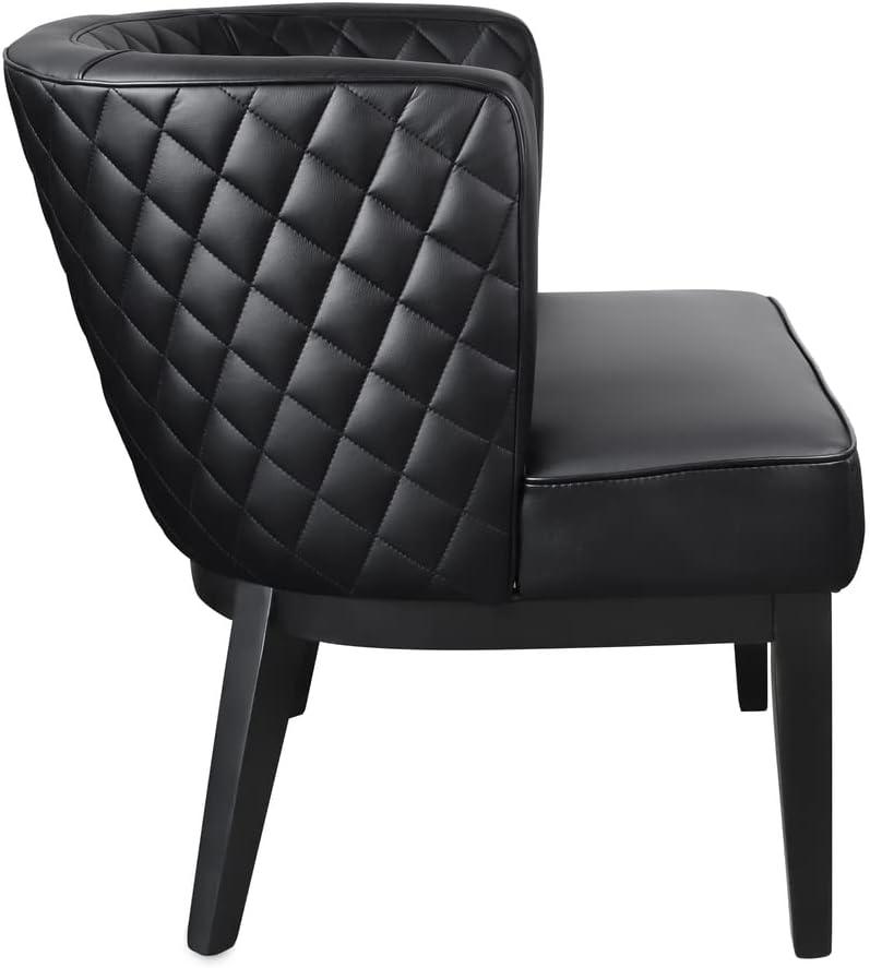 Elegant Quilted Black Leather Barrel Accent Chair with Wood Base