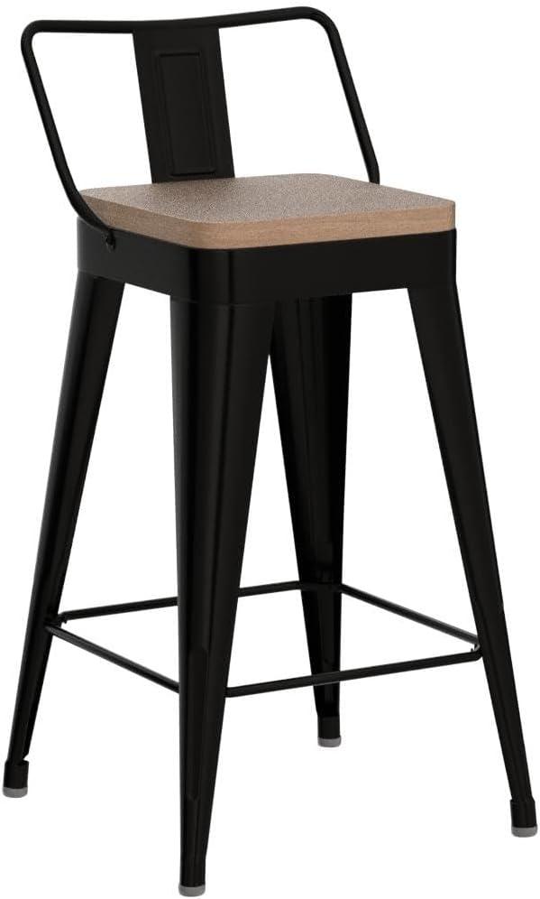 Bar Stools Set of 4 Metal Bar Stool Counter Height Bar Stools 26" Black Modern Bar Chairs with Back and Wooden Seat Bar Stools Counter Height