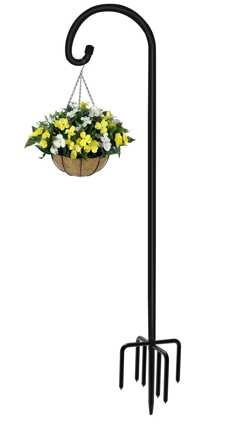 Arlmont & Co. Velsie 108 Inch Outdoor Shepherd Hook With 7 Prong Base (1 Pack), Adjustable Heavy Duty Garden Hanging Stake , Matte Black