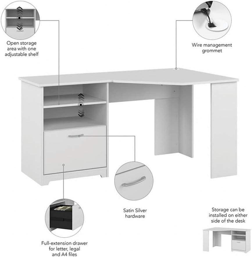 Bush Furniture Cabot 60" Corner Desk with Storage, White