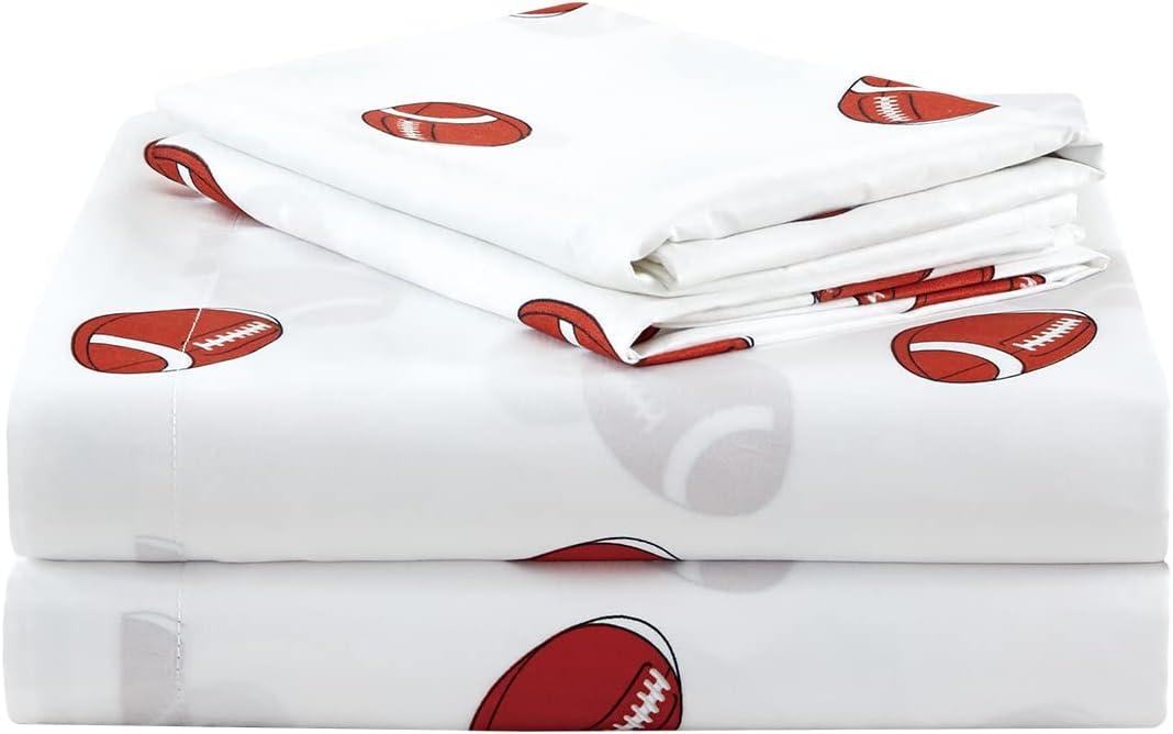 White and Red Football Microfiber Queen Sheet Set