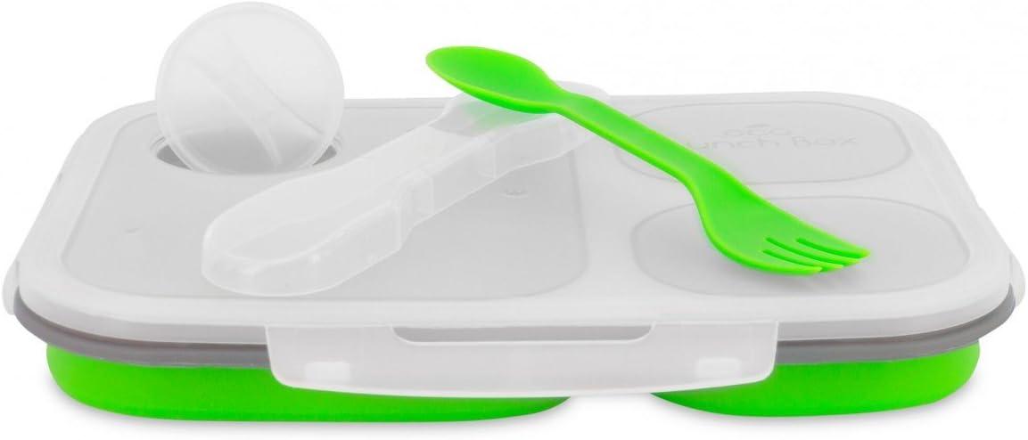 Green Silicone Collapsible 3-Compartment Lunch Box with Spork