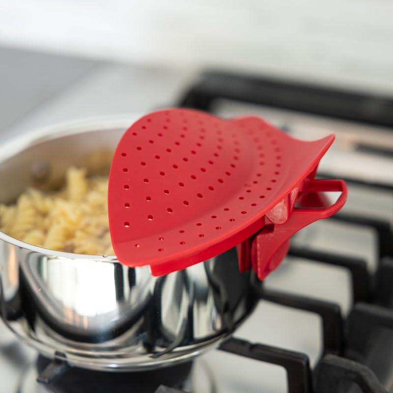 Chef's Planet Strainer - Pasta Strainer, Strainers for Kitchen, Food Strainer, Kitchen Strainer, Grease Strainer, Pot Strainer, Handy Pan, Clip on Strainer for Pots, Household Gadgets (Red)