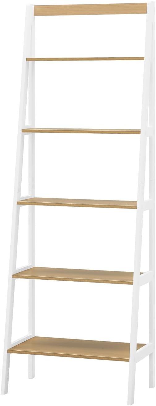 White Adjustable Five-Tier Wood Ladder Shelf