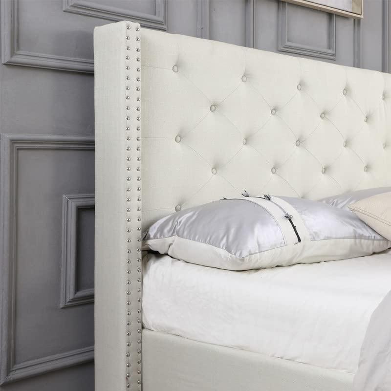 Oliver and Smith Full Upholstered Platform Bed Frame Light Beige - 51 Inch Tall Button Tufted Headboard - Soft Linen Fabric Wood Slats - Modern Fabric Design - Easy Assembly (ASTOR)