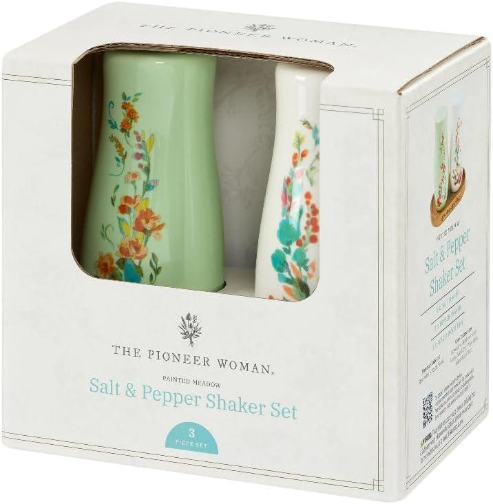The Pioneer Woman Painted Meadow 3 Pieces Salt & Pepper Shakers with Acacia Wood Tray Set