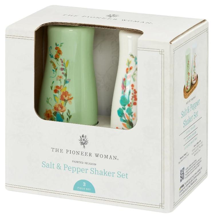 The Pioneer Woman Painted Meadow 3 Pieces Salt & Pepper Shakers with Acacia Wood Tray Set