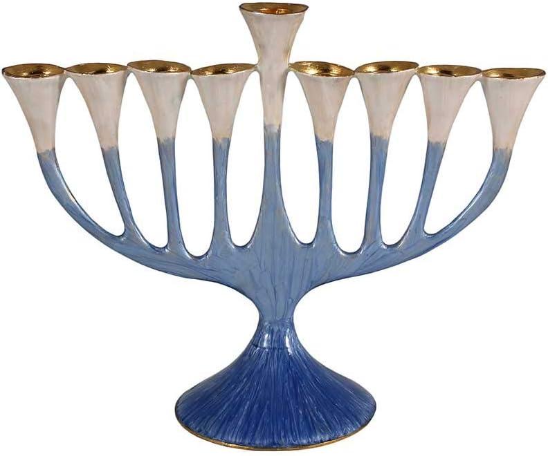 Artistic Floral Hanukkah Menorah - Trumpet Flower Hanukkiah Enamel Plated Painted in Blue and Gold - fits Standard Chanukah Candles - Comes in a Gift Box Collectible Candle Menorahs by Zion Judaica