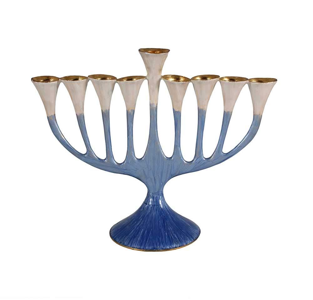 Artistic Floral Hanukkah Menorah - Trumpet Flower Hanukkiah Enamel Plated Painted in Blue and Gold - fits Standard Chanukah Candles - Comes in a Gift Box Collectible Candle Menorahs by Zion Judaica