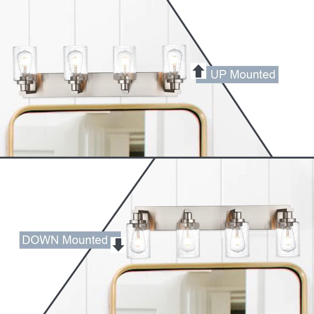 Melucee Brushed Nickel Industrial Bathroom Vanity Light Fixtures Over Mirror Seeded Glass 4 Lights Vintage Vanity Lights Farmhouse Bath Lighting