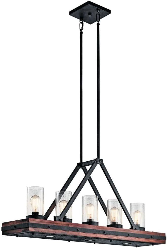 Auburn Stained Wood and Bronze 5-Light Linear Chandelier