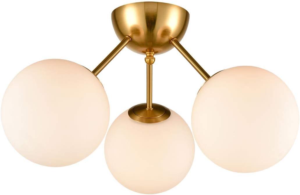 Mid-Century Opal Globe Brass Chandelier with Dimmable LED